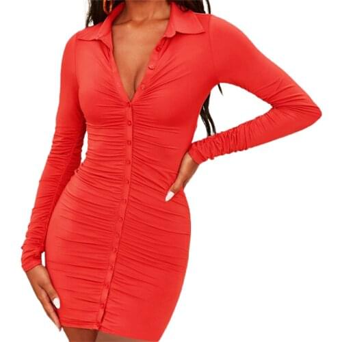 Womens Sexy Bodycon Mini Dress Long Sleeve Solid Color Button Down Ruched Shirt Dress Club Wearing Hot 2021
