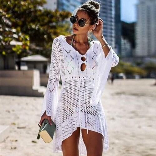 2021 European and American Swimwear Knitwear Trumpet Sleeve Hollow Lace-up Beach Long Skirt Bikini Sunscreen Blouse sheer