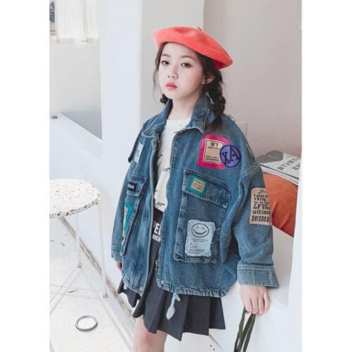 2021 Fall Girls Cartoon Denim Jackets 8 10 years Fashion Loose Teen Girls Clothes Label Pockets Jeans Coat