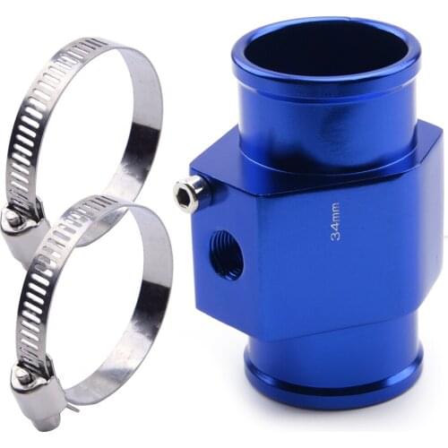 34mm Blue Car Aluminum Alloy Water Temp Temperature Joint Pipe Sensor Gauge Radiator Hose Adapter With Clamps