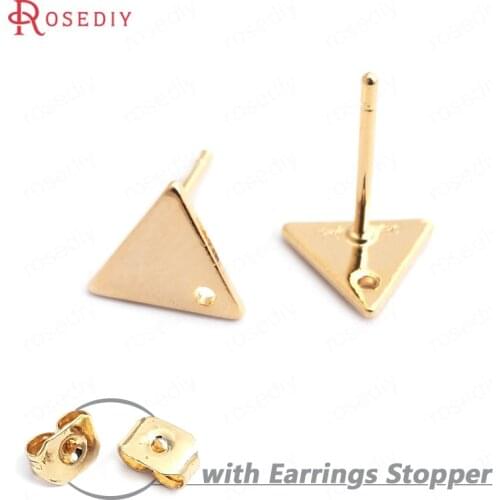 35219)20PCS Triangle 8x7MM 24K Gold Color Brass Triangle Stud Earrings High Quality Diy Jewelry Findings Accessories