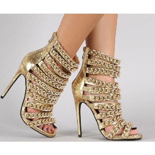 Women Fashion Design Gold Chain High Heel Sandals Zipper-up Open Toe Gladiator Sandals Dress Shoes Evening Pumps