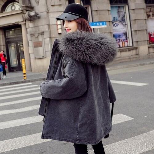 Long Winter Cotton Jacket Coat Women Thicken Warm Cotton-padded Parka Female Hooded Jeans Denim Jacket Ladies Lambswool Overcoat