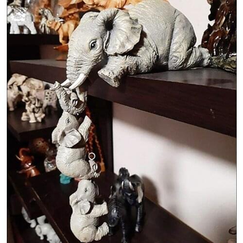 Mother and Baby Elephant Family Figurines Hand-Painted Resin Sculptures Hanging Off Edge of Shelf Table Home Decoration