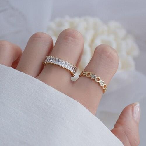 Delicate Jewelry 14K Gold Plated Adjustable Crystal Rings for Women Simple Style Cubic Zircon Geometric Wedding Rings