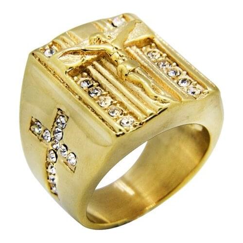 2018 Cool Golden Jesus Cross Ring With Clear Stones 316L Stainless Steel Jewelry Golden God Bless US Ring