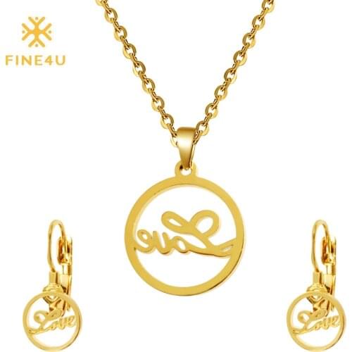FINE4U N093 Wedding Love Necklace & Earrings Sets 316L Stainless Steel Jewelry Sets For Women Fashion Bridal Jewelry Sets