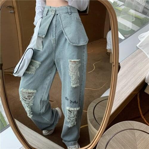 Korean Ladies Fashion Jeans 2020 Autumn New with Holes Embroidery Letters Denim Trousers High Waist Jeans Women Pants