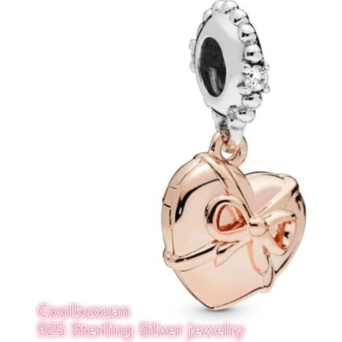 Summer 100% 925 Sterling Silver Brazillian Heart Dangle Charm, rose gold beads Fits Original Pandora bracelets Jewelry