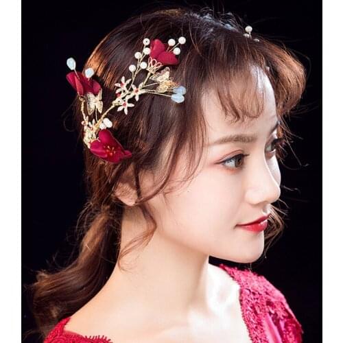 Mingli Tengda Flower Crystal Edge Clamp Red Bridal Hair Stick Women Accessories Headwear Ornaments Bride Hairpin Jewelry Tiara