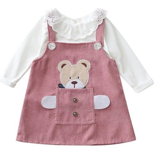 Girls Fashion Clothing Childrens Lace Collar Long Sleeve T-shirt + Cute Cartoon Bear Braces Skirt Spring Casual 2 Pieces Suit