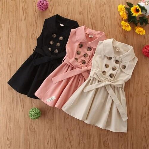European American summer baby girls fashion double-breasted sleeveless dress with belt Button Windbreaker