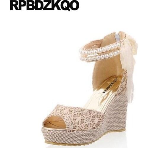 Lace Round Toe Ankle Strap Ladies Pumps 11 43 Platform High Heels Beaded Wedding Shoes Plus Size Peep Pearl 10 42 Wedge Zipper