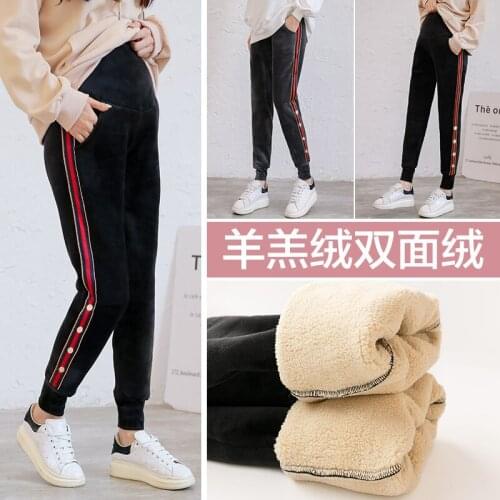 New Winter Pregnant Women Belly Pants Plus Velvet Thickened Maternity Warm Trousers Double Side Red Stripes Sport Pregnancy
