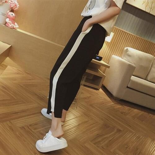 New Fat Womens Plus Size Autumn Casual Side Stripe Wide Leg Trousers Straight High Waist Loose Long Ankle Pants Lady Sweatpants