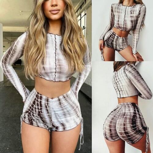 2020 Autumn Fashion Casual Serpentine Tie Dye Round Neck Long Sleeve Women Crop Tops Elastic Waist Shorts Two Pieces Ladies suit