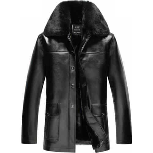 2020 autumn winter medium-long turn-down collar plus velvet thicken motorcycle leather jackets men business casual fur collar