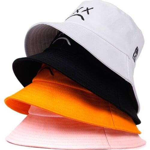 Korean Style Men Women Harajuku Bucket Hat Crying Face Embroidery Solid Color Summer Travel Holiday Beach Sunshade Casual Cap