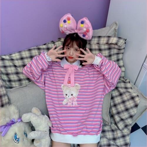 Lovely Little Bear Pink Stripe Pullover Japanese Retro Crew Neck Sweatshirt Kawaii Tops Mori Girl Loose Student Preppy Styl Girl