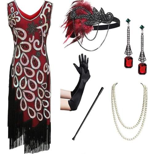 Retro Sequin Dress and Jewelry Set 1920 Art Great Gatsby Cosplay Fringe Flapper Tassel Dress Party Costume Accessories Set