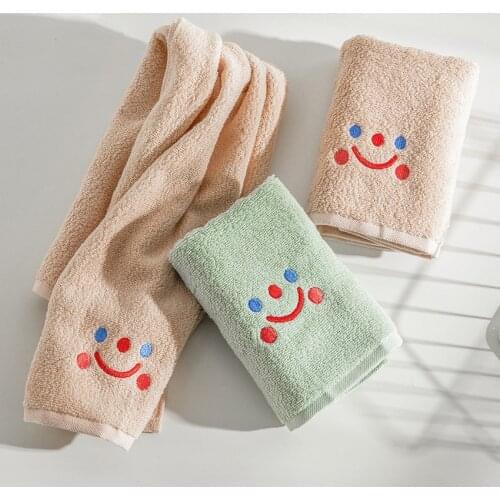 Smiley Face Towel Pure Cotton High Quality Soft Close To Skin Strong Water Absorption Solid Color Embroidered for Home Bathroom
