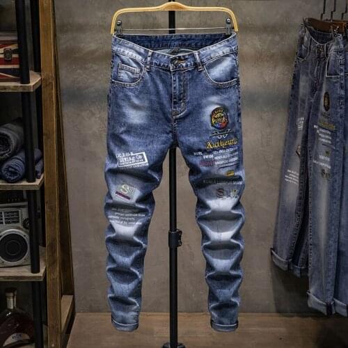 Embroidery stitchwork Boutique European Men Brand Slim Jeans Denim Trousers Stretch Blue Patchwork Hole Pants For Men Ripped
