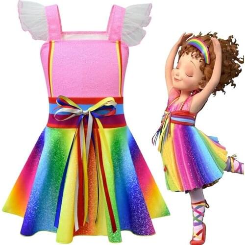 21new girls skirt cosplay fancy nancy rainbow dress Christmas Halloween stage costume 2-10 year old baby carnival evening dress
