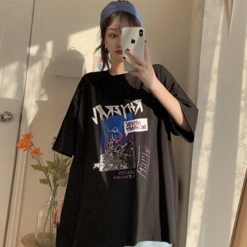Womens T-shirts Tops Japanese Kawaii Ladies Ulzzang Letter Cartoon Print Tshirt Female Korean Harajuku Clothes For Women