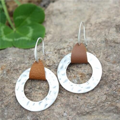 ZWPON Fashion Hammered Leather Geometric Circle Dangle Earrings for Women Irregularity Copper Statement Earrings Female Jewelry