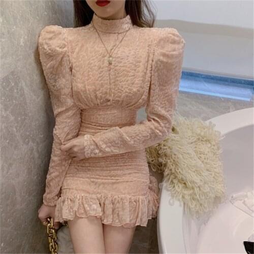 Women retro pink turtleneck puff sleeve ruched dress long sleeve elegant backless dresses sexy vestidos