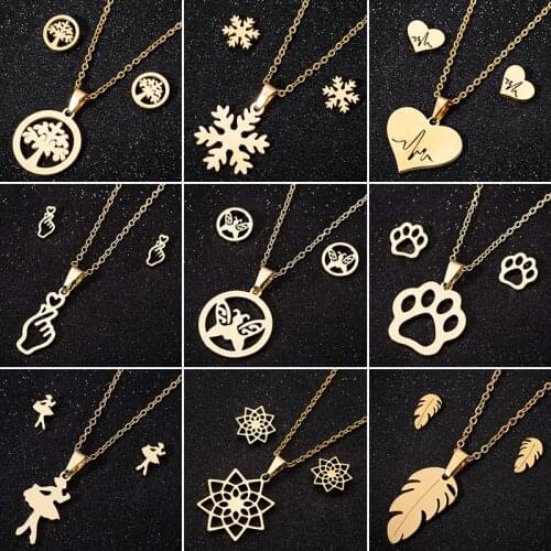 Bijoux Stainless Steel Snowflake Necklace Women Gold Jewelry Set Fashion Heartbeat Footprint Leaf Ballet Earrings Wholesale 2021
