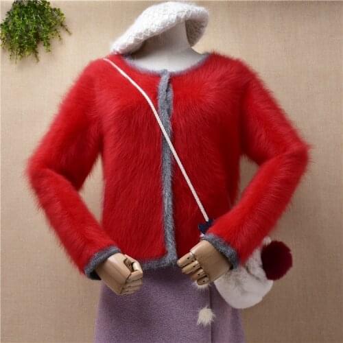 Female women fashion christmas red hairy mink cashmere knitted short slim cropped cardigans angora fur jacket coat sweater pull