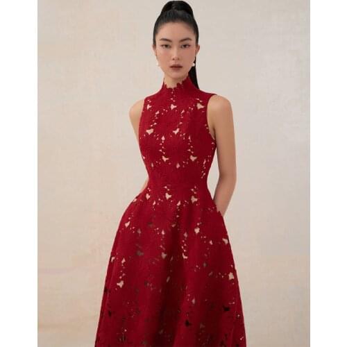 Tailor shop red chrysanthemum lace dress female light luxury dress Semi-Formal Dresses princess dress