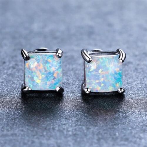 7MM Square Stone Earrings White Fire Opal Stud Earrings For Women Wedding Jewelry Vintage Silver Color Small Birthstone Earrings