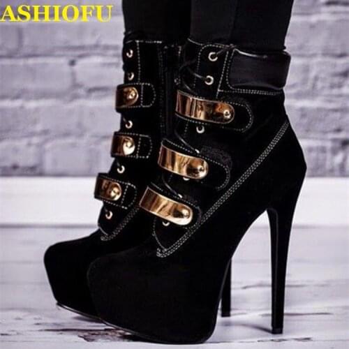 ASHIOFU Handmade New Womens Ankle Boots Blings-straps Party Prom Stiletto Booties Sexy Platform Winter Fashion Short Boots Shoes