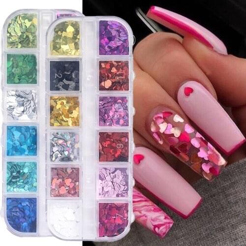 12 Grids Holographics Love Heart Nail Sequins Mixed Color Sparkly Butterfly Nail Glitter Flakes 3D Nail Art Decorations