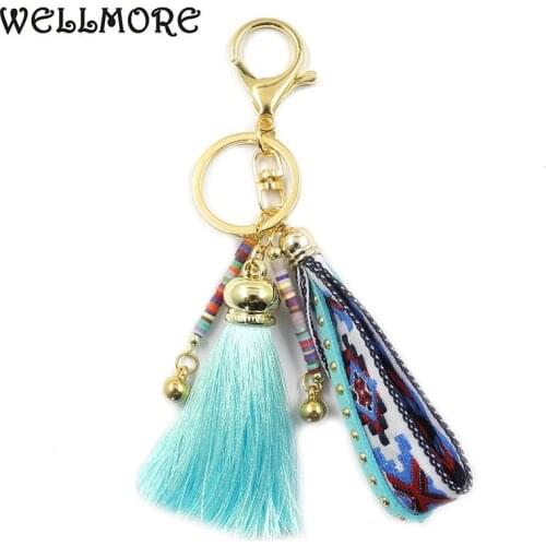 WELLMORE 2017 ribbon,long-tassel,colorful alloy Key Chain For Women Girl Bag Keychain