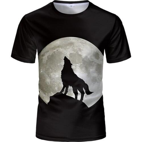 3D Printed Mens T-shirt Cute Animal Moon Wolf Print T shirt Popular Black Top And Tees Summer New Mens Short Sleeve Shirt