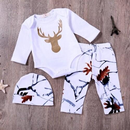 Baby Boy Girl 3 Piece Clothing Set Cotton White Long Sleeve Jumpsuit + Hat + Printed Casual Trousers Childrens Clothing Set