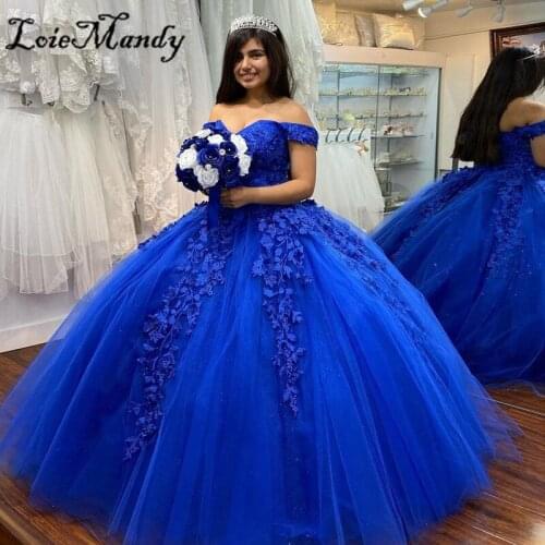 Royal Blue Quinceanera Dresses With Applique Lace 2022 Sexy Off The Shoulder Sweet 16 Dress Puffy Ball Gown Vestido de 15 anos