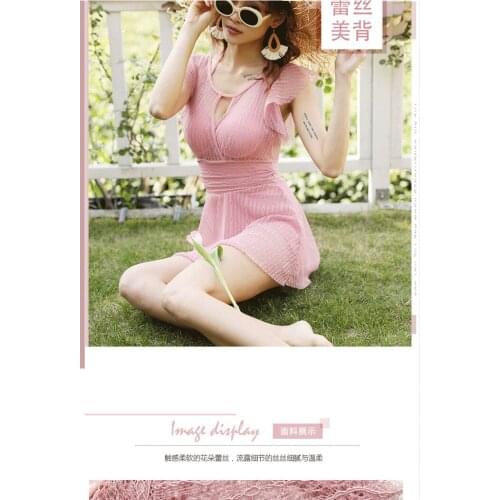 Genuine Her Thin Lace Beautiful Back One-Piece Swimming Suit Thin Belly Covering Dress-Korean Version of the Lace Sleeve