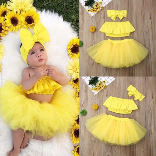 Newborn Toddler Baby Girl Summer Clothes Off Shoulder Vest Tops+Tulle Skirt Headbands Outfits Yellow Set