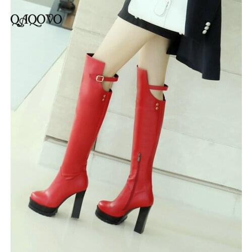 Fashion Platform Knee High Boots Women Pu Leather Square High Heel Boots Round Toe Buckle Autumn Winter Zipper Boots Woman Shoes