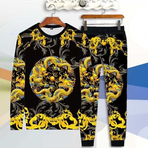 Autumn and winter new long-sleeved two-piece mens animal print clothing 3D Chinese wind dragon casual sportswear suit
