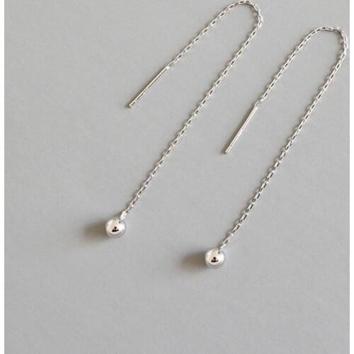 100% real. Authentic 925 Sterling silver Polished Lucky Round Bead Threader Long Earrings Fine jEWELRY E114