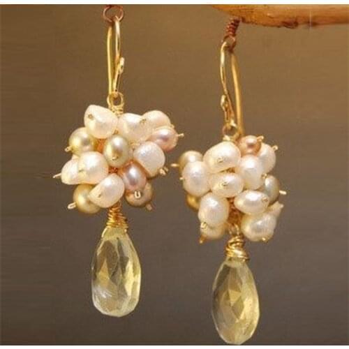 Cluster of mixed color pearls with green amethyst Earrings