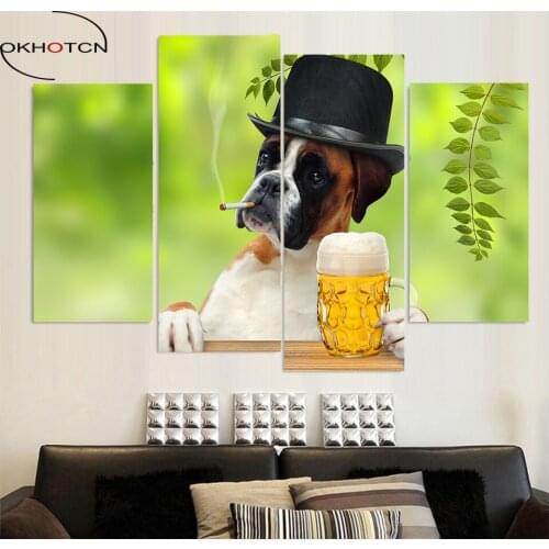 OKHOTCN 4 Panel Canvas Art Canvas Painting Funny Dog Smoking Drinking HD Printed Wall Poster Home Decor Picture for Living Room