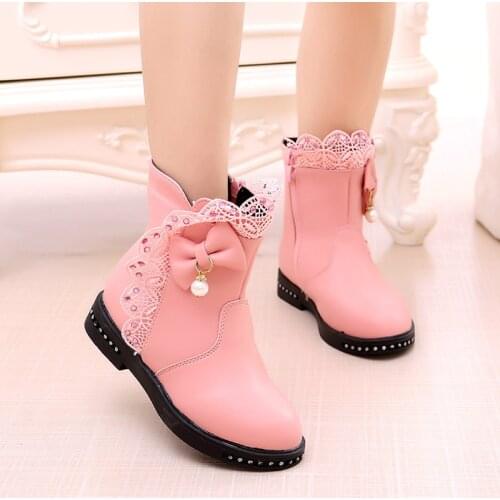 Autumn Winter Kids Boots Girls warm high boots Lace Trim baby Girl Snow Boot for PU Leather Fashion sneakers