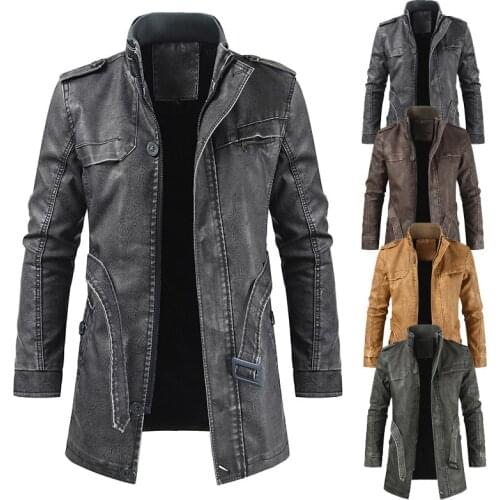 Autumn and Winter Fashion Casual Retro New Mens Stand-Up Collar Mid-Length Slim Leather Jacket Jacket