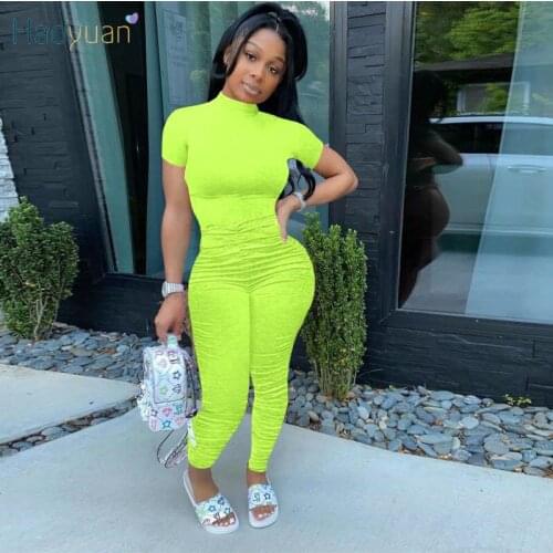 HAOYUAN Casual Plus Size Stacked Leggings Jumpsuit Short Sleeve Fall Women Clothes Bodycon One Piece Tracksuit Overalls